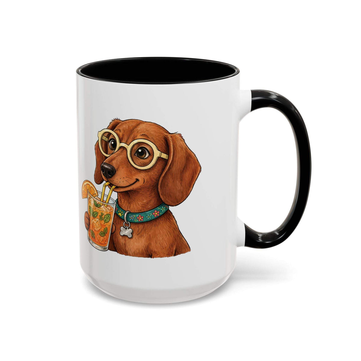 Funny Dachshund Cocktail Coffee Mug featuring a brown dachshund with round glasses holding a citrus drink on white ceramic with black handle and interior