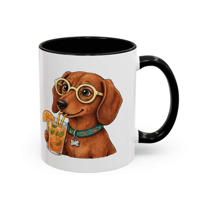 Funny Dachshund Cocktail Coffee Mug featuring a brown dachshund with round glasses sipping a citrus drink on white ceramic with black handle and interior