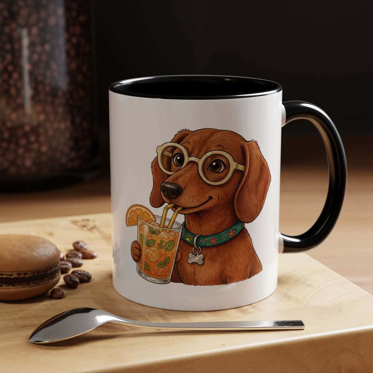 Funny Dachshund Cocktail Coffee Mug with white ceramic body, black interior and handle, featuring a dachshund in glasses sipping a citrus drink