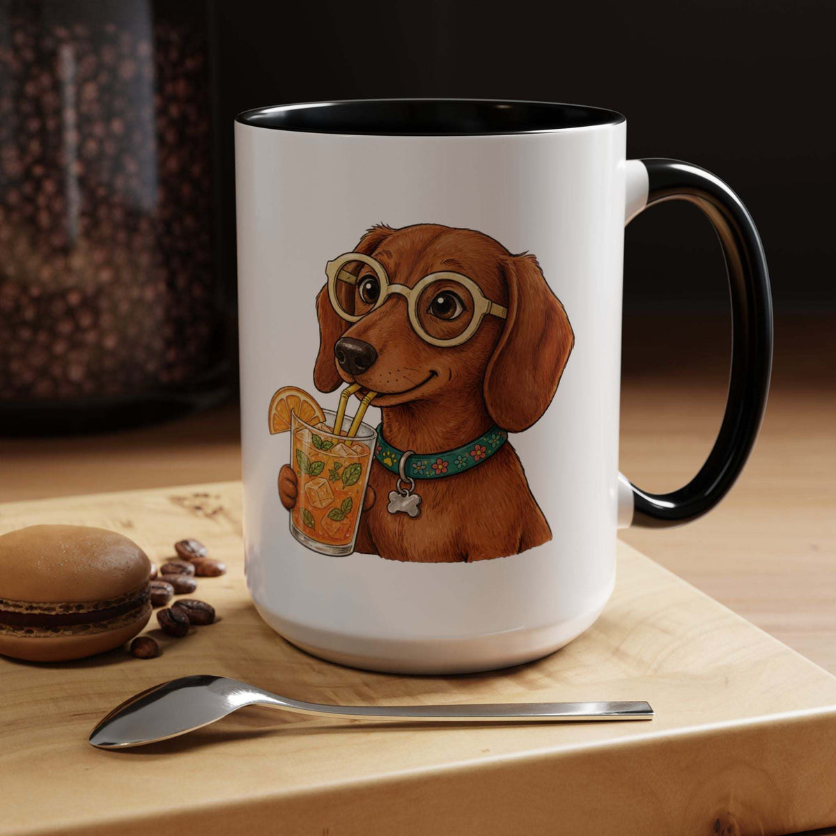 Funny Dachshund Cocktail Coffee Mug featuring a white ceramic body with black interior and handle, decorated with a cheerful dachshund illustration wearing glasses and holding a citrus drink