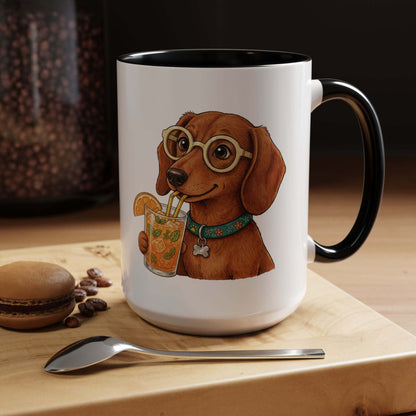 Funny Dachshund Cocktail Coffee Mug featuring a white ceramic body with black interior and handle, decorated with a cheerful dachshund illustration wearing glasses and holding a citrus drink