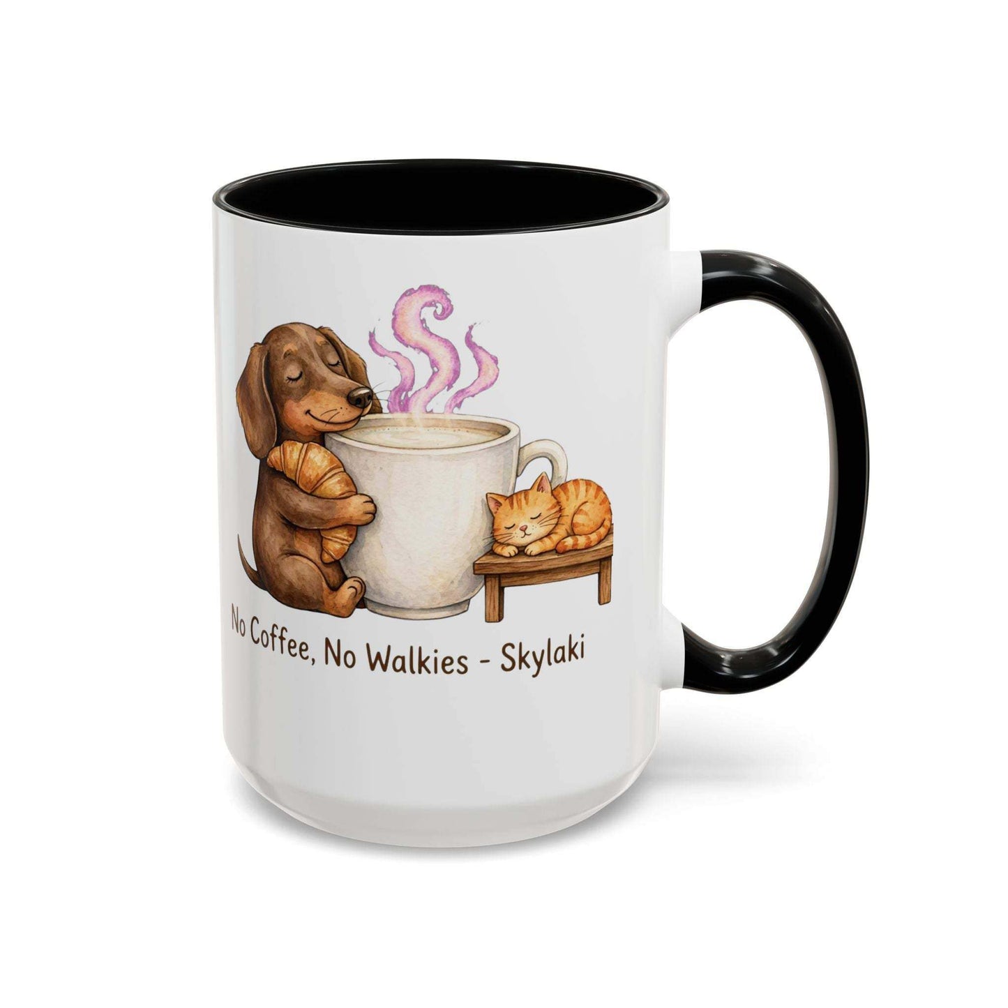 Funny dachshund coffee mug with croissant and No Coffee No Walkies slogan