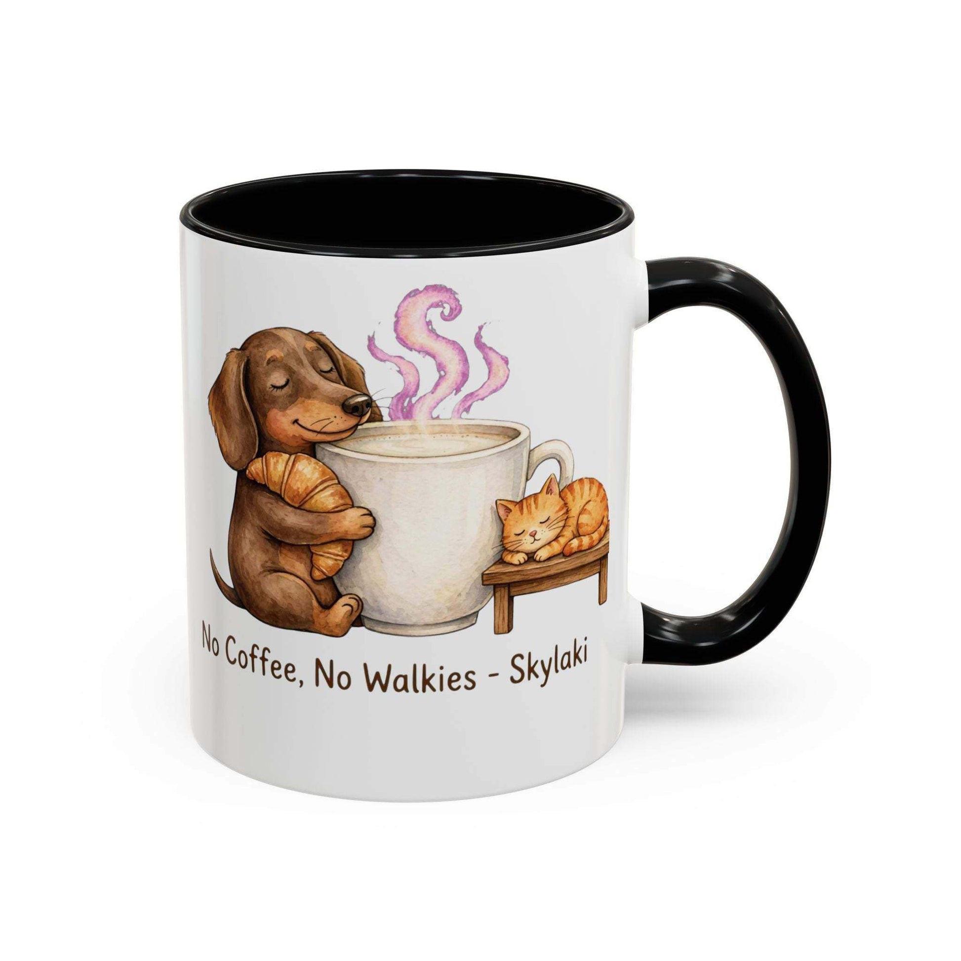 Funny dachshund coffee mug with croissant and 'No Coffee, No Walkies' text