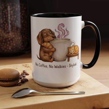 Funny dachshund coffee mug with croissant and humorous morning slogan