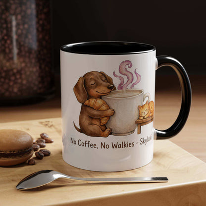 Funny dachshund coffee mug with 'No Coffee, No Walkies' slogan and watercolor art