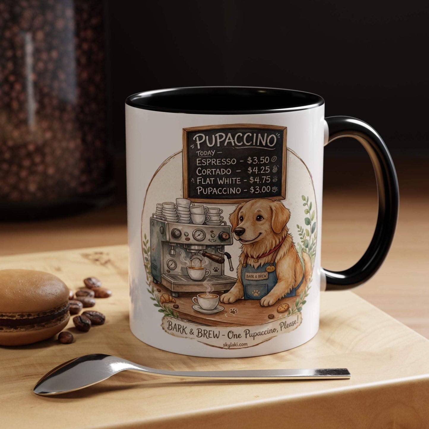 Funny dog barista coffee mug featuring Mila in denim apron with chalkboard menu