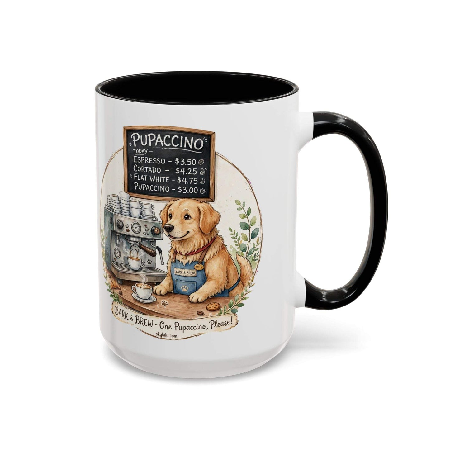 Funny dog barista coffee mug with watercolor dog illustration and chalkboard menu