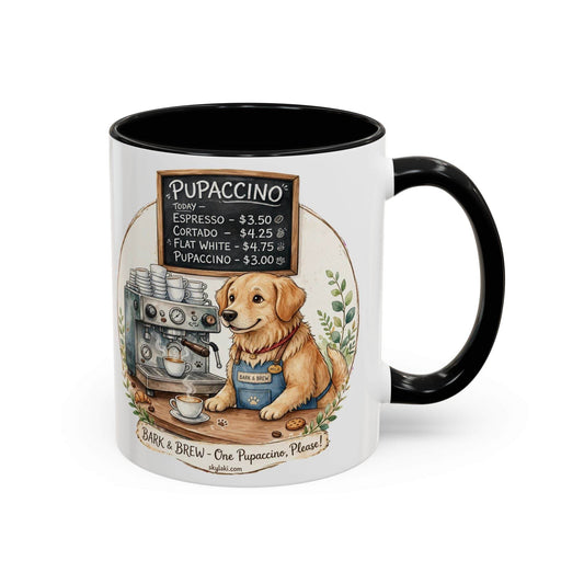 Funny dog barista coffee mug with watercolor illustration of dog in denim apron