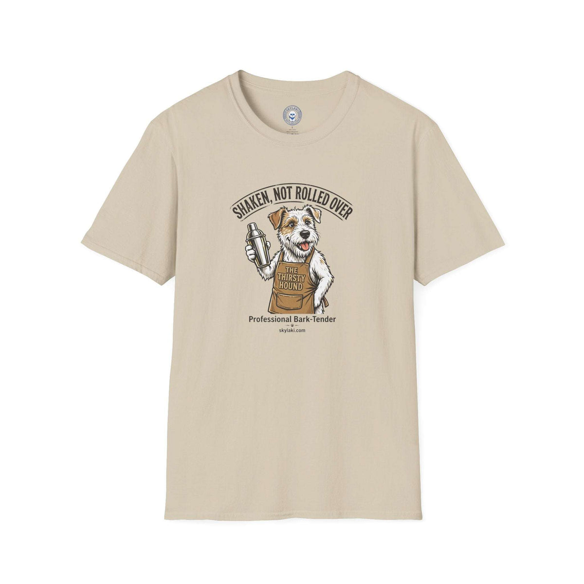 Funny Dog Bartender Shirt in light beige cotton with short sleeves, featuring a dog in an apron holding a shaker