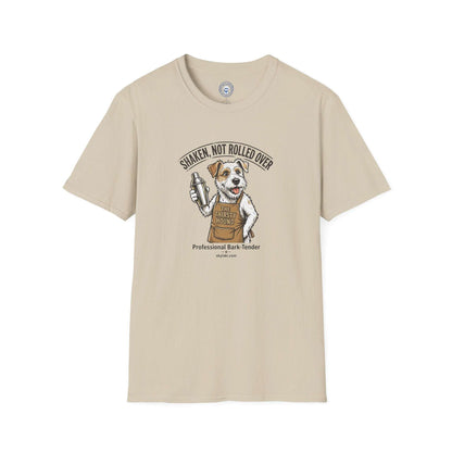 Funny Dog Bartender Shirt in light beige cotton with short sleeves, featuring a dog in an apron holding a shaker
