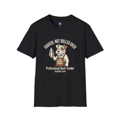 Funny Dog Bartender Shirt in black with a short-sleeve crew neck and a dog holding a shaker beside humorous text