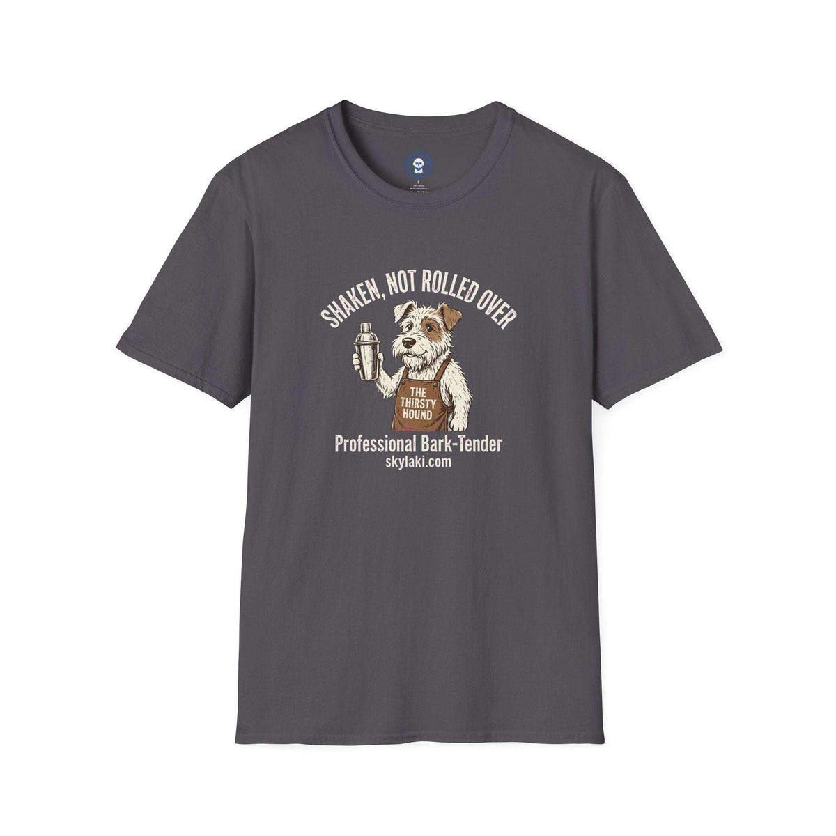 Funny Dog Bartender Shirt in charcoal gray with a crew neck and a dog holding a cocktail shaker graphic