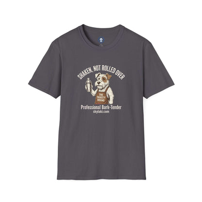 Funny Dog Bartender Shirt in charcoal gray with a crew neck and a dog holding a cocktail shaker graphic