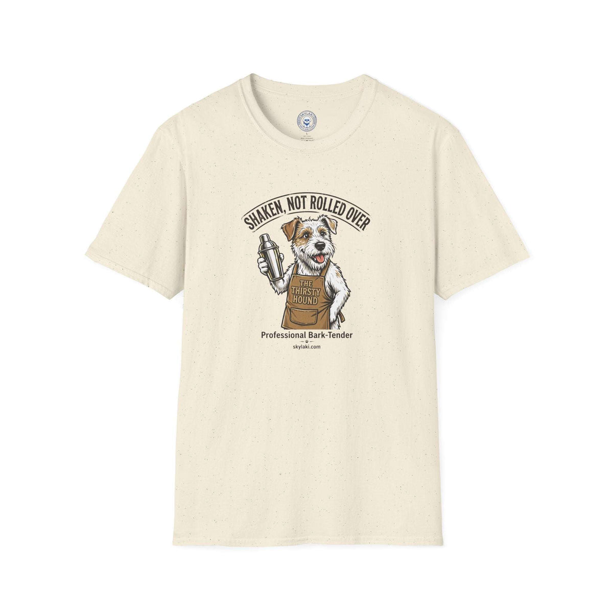 Funny Dog Bartender Shirt in natural cream cotton with short sleeves, featuring a dog holding a shaker and humorous text