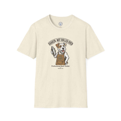 Funny Dog Bartender Shirt in natural cream cotton with short sleeves, featuring a dog holding a shaker and humorous text