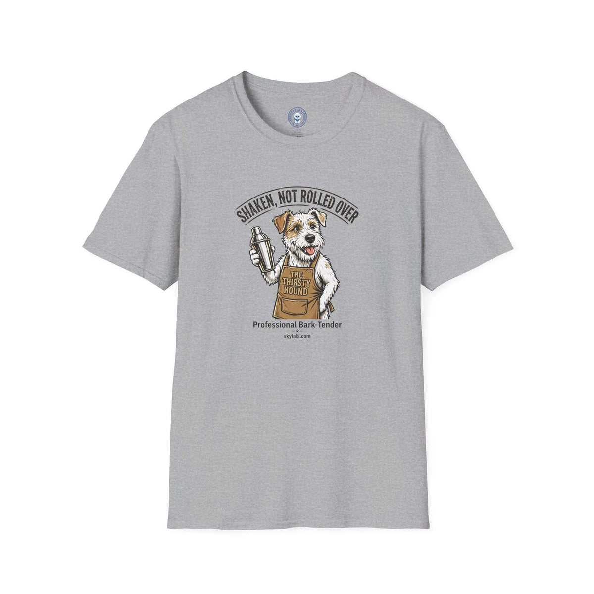 Funny Dog Bartender Shirt in heather gray cotton with a short-sleeve crew neck and dog bartender graphic reading “Shaken, Not Rolled Over”