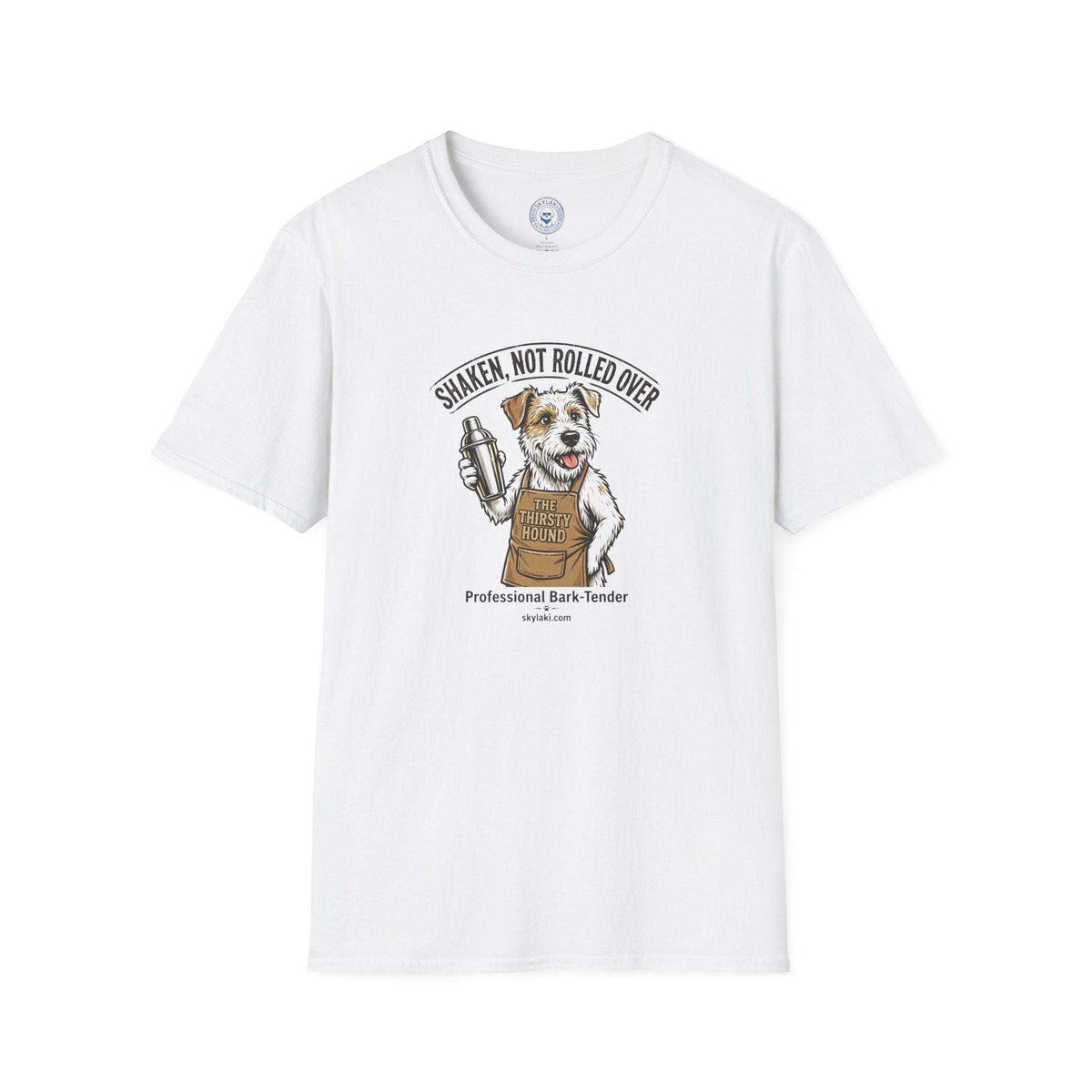 Funny Dog Bartender Shirt in white with a short-sleeve crew neck and a dog holding a shaker beneath “Shaken, Not Rolled Over.”