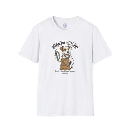 Funny Dog Bartender Shirt in white with a short-sleeve crew neck and a dog holding a shaker beneath “Shaken, Not Rolled Over.”