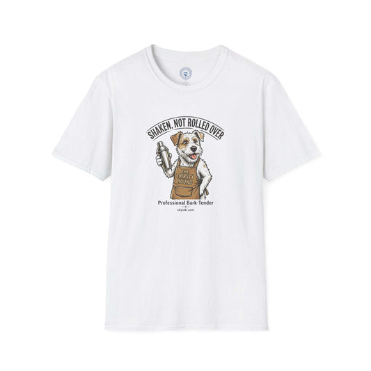 Funny Dog Bartender Shirt in white with a short-sleeve crew neck and a dog holding a shaker beneath “Shaken, Not Rolled Over.”
