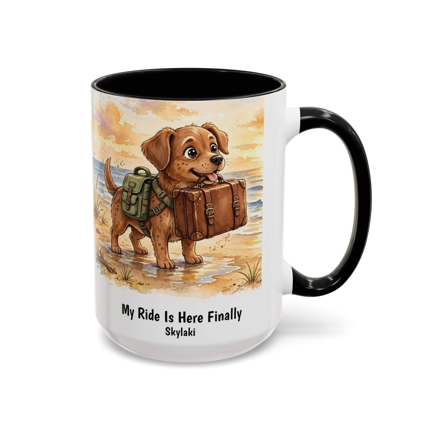 Funny dog beach mug with seaside scene and colorful handle