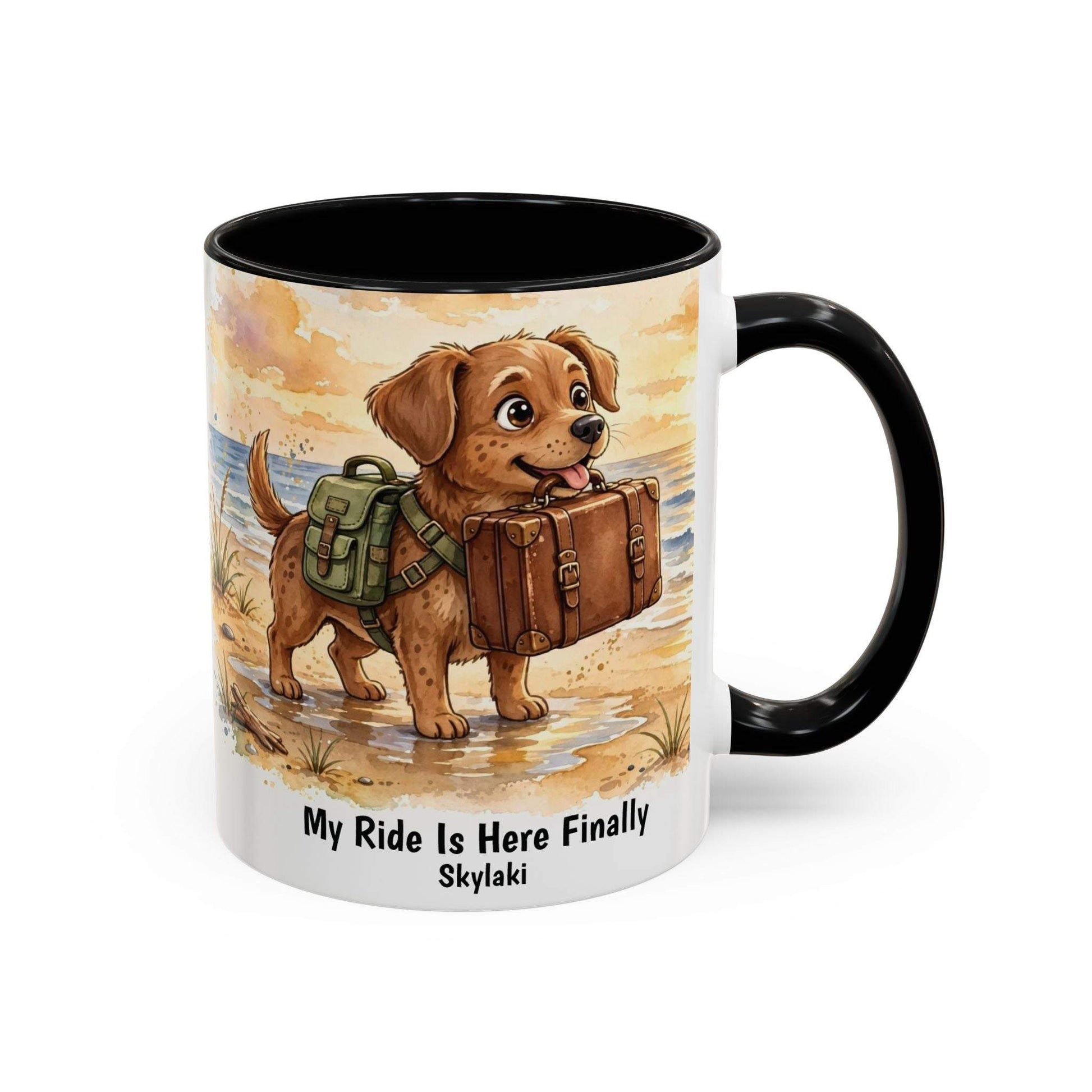 Funny dog beach mug with seaside scene and colorful interior