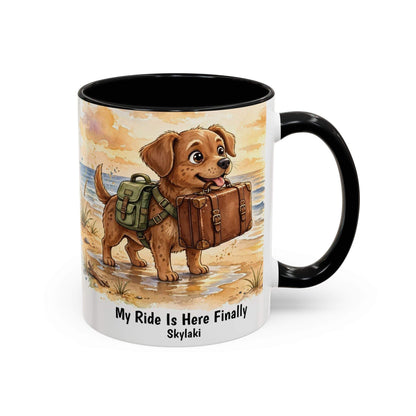 Funny dog beach mug with seaside scene and colorful interior