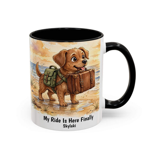 Funny dog beach mug with seaside scene and colorful interior