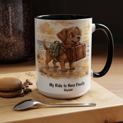 Ceramic funny dog beach mug with coastal scene and colored handle