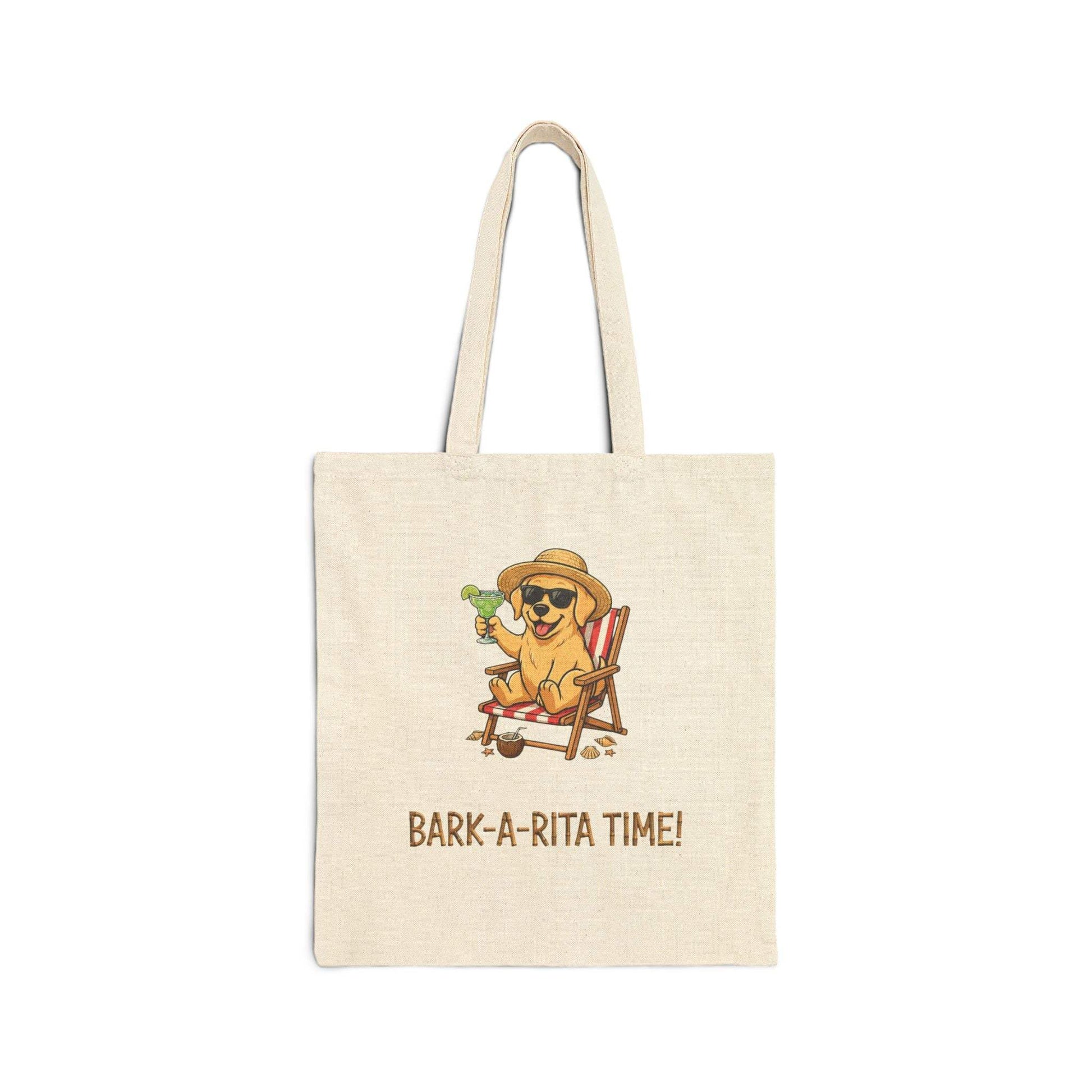 canvas tote bag with funny dog holding margarita and slogan bark-a-rita time