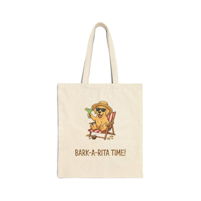 canvas tote bag with funny dog holding margarita and slogan bark-a-rita time