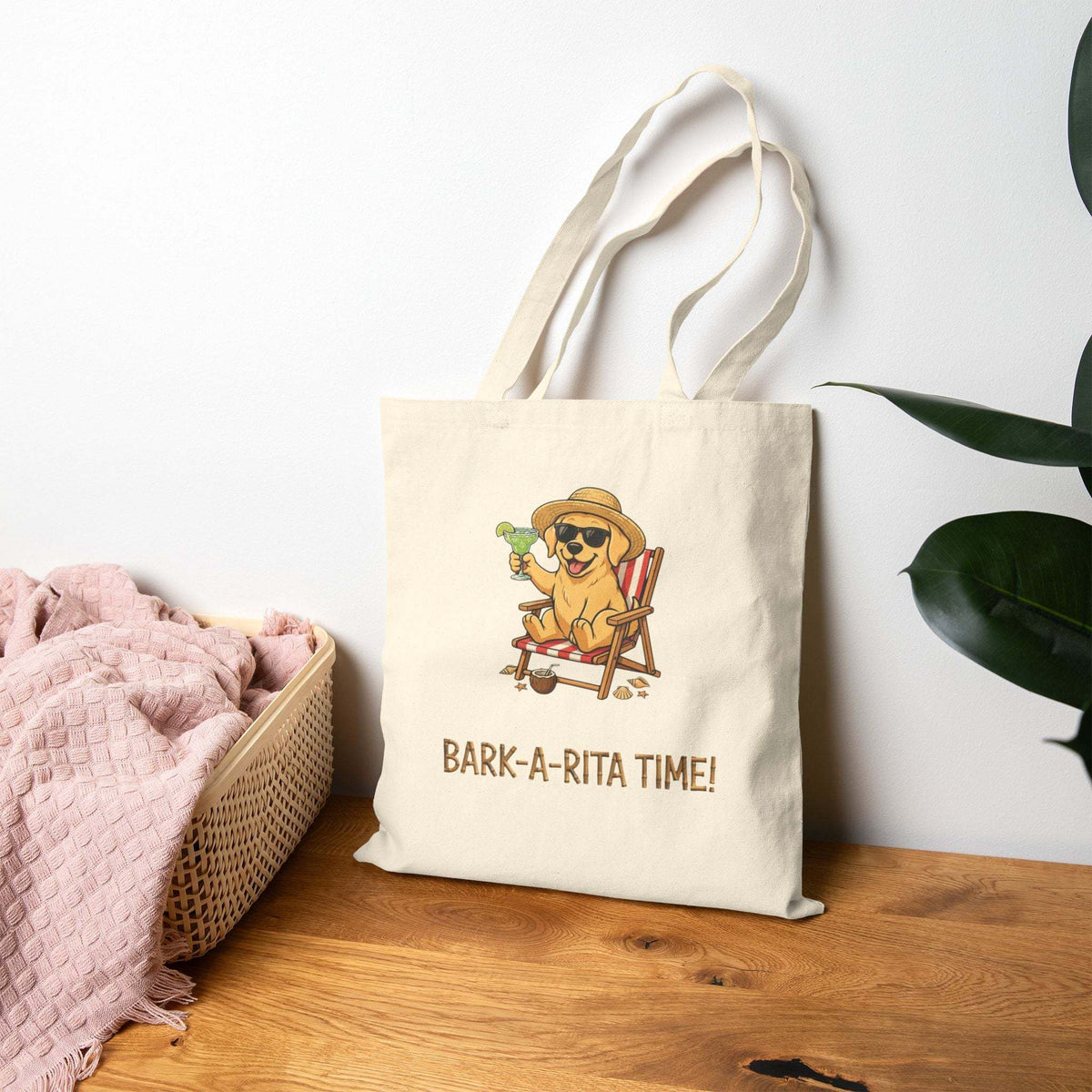 Canvas tote bag with funny dog holding margarita and slogan bark-a-rita time
