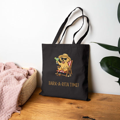 Canvas tote bag with playful dog holding margarita and slogan bark-a-rita time