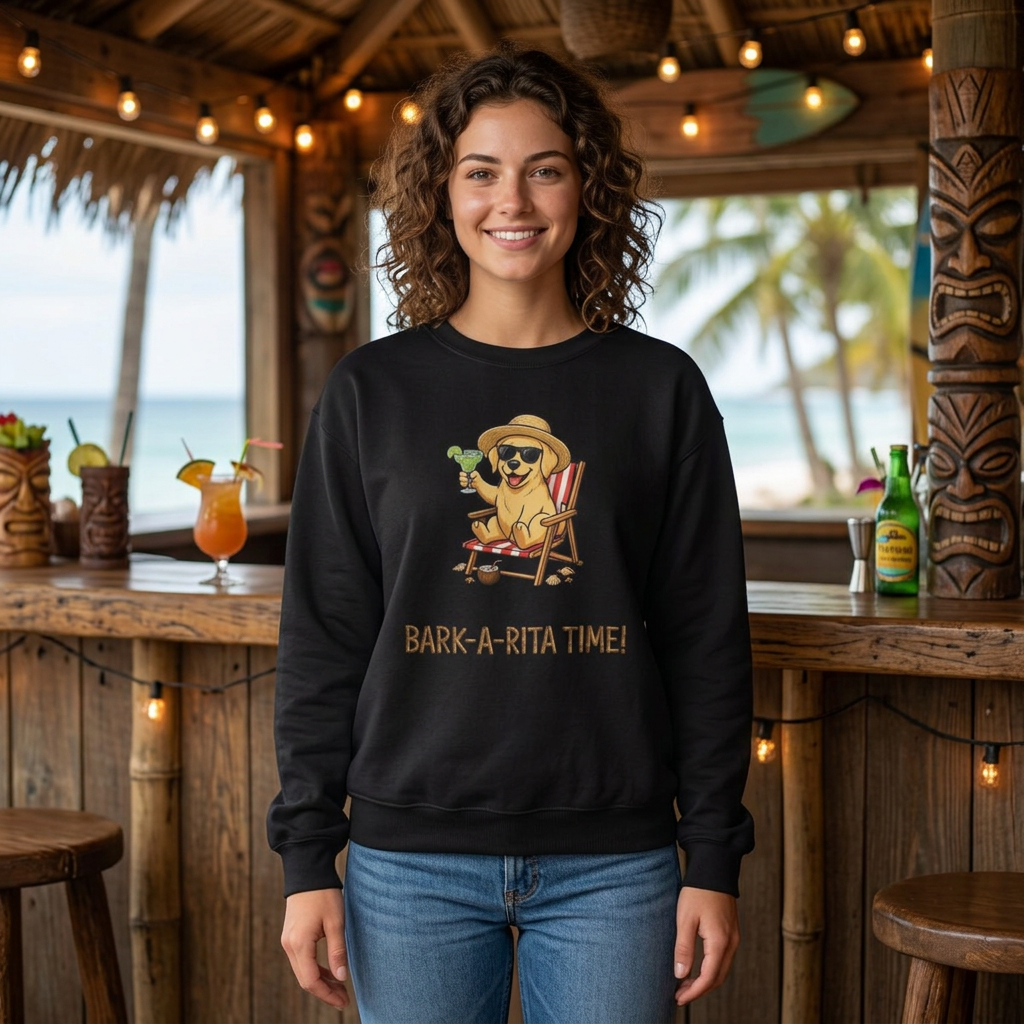 Unisex funny dog margarita sweatshirt with cartoon dog and bark-a-rita time text