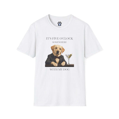 Funny dog martini t-shirt with tuxedoed labrador and five o'clock text