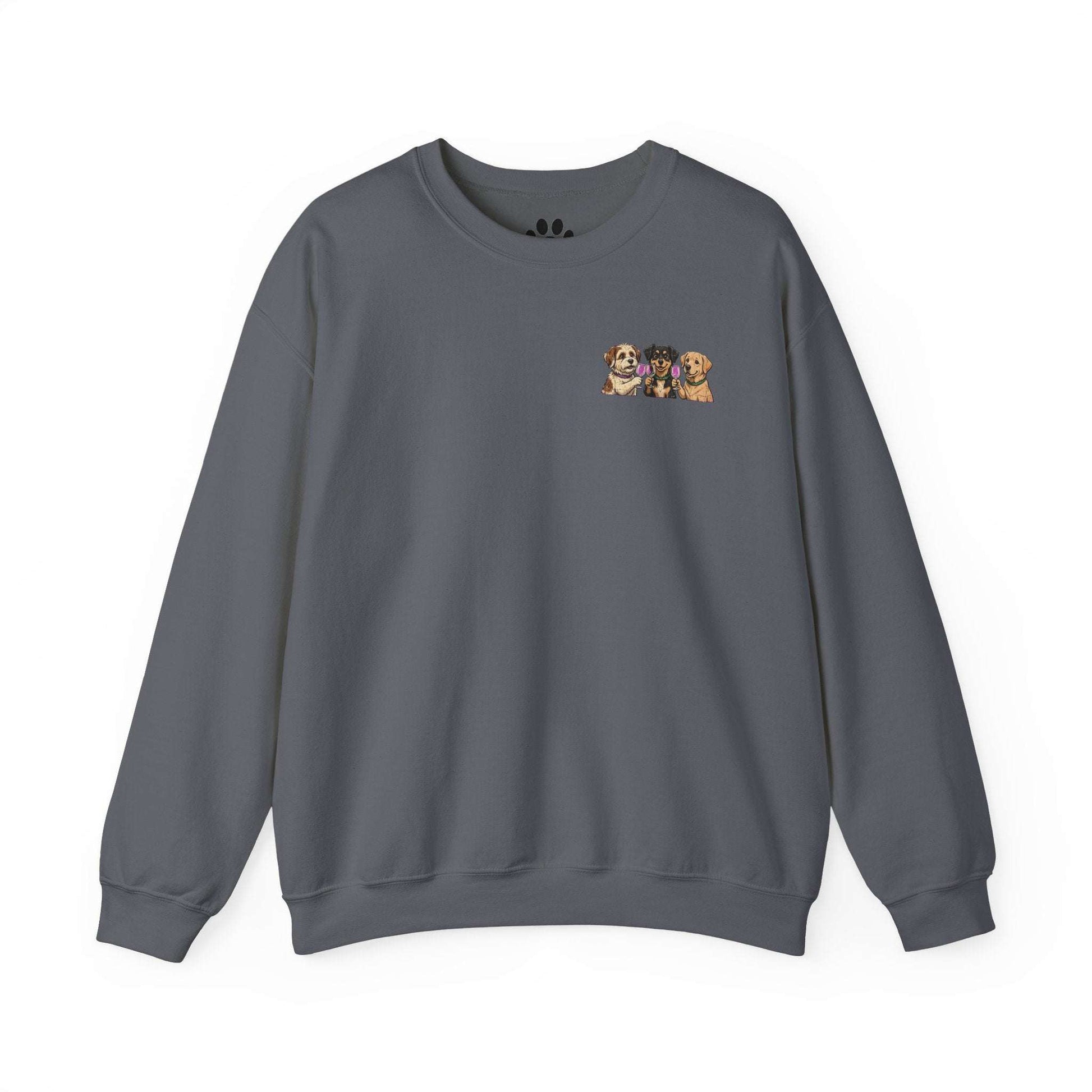 Funny dog wine sweatshirt with playful dog portraits and paws and pour design
