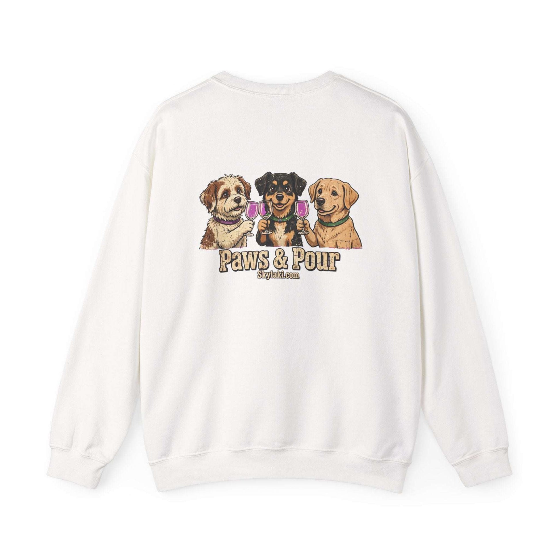 Funny dog wine sweatshirt with embroidered and printed dog portraits and paws and pour text