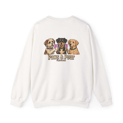 Funny dog wine sweatshirt with embroidered and printed dog portraits and paws and pour text