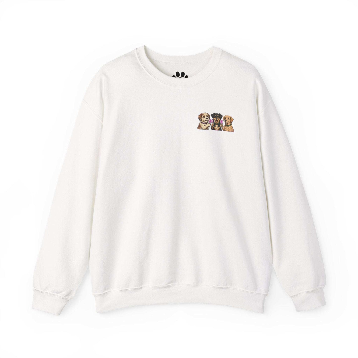 Funny dog wine sweatshirt with playful dog portraits and paws and pour text