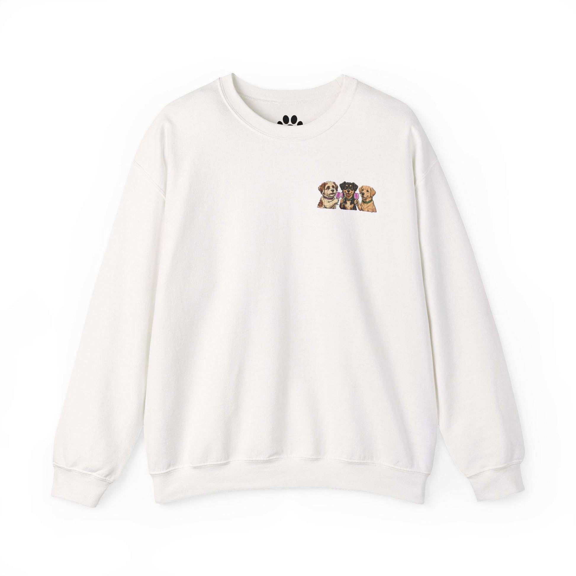 Funny dog wine sweatshirt with playful dog portraits and paws and pour text