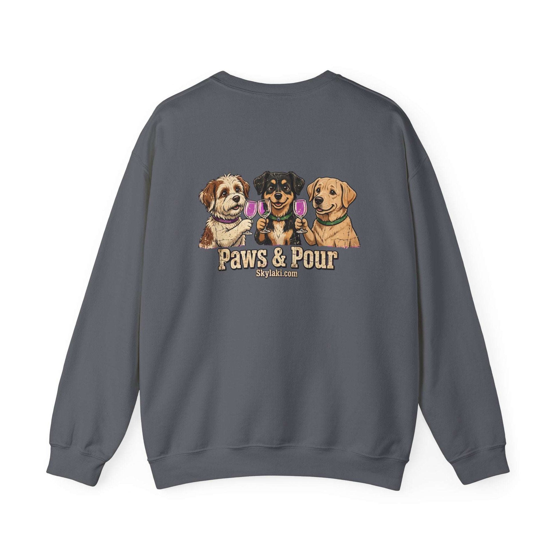 Funny dog wine sweatshirt with embroidered dog portraits and paws and pour design