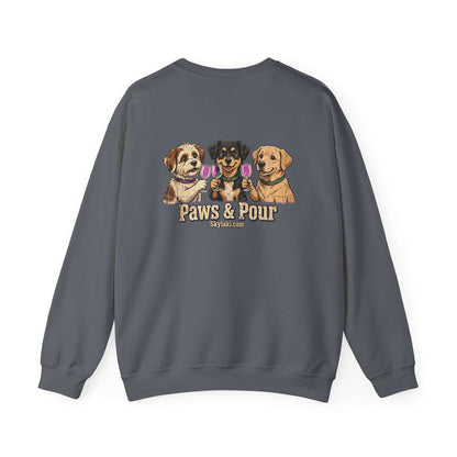 Funny dog wine sweatshirt with embroidered dog portraits and paws and pour design