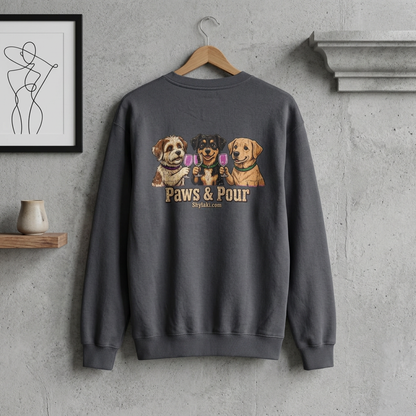 Funny dog wine sweatshirt with playful dog portraits and paws and pour design