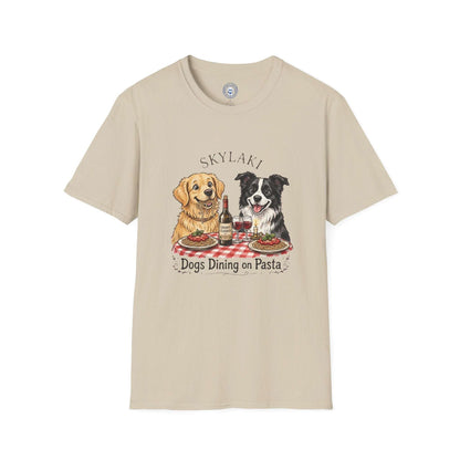Funny dogs dining on pasta graphic on casual t-shirt