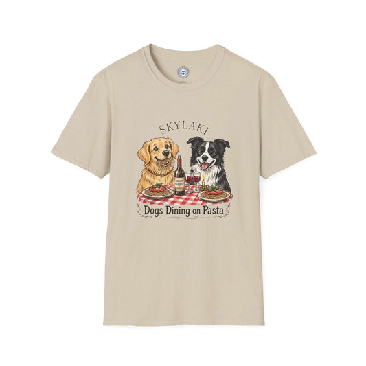 Funny dogs dining on pasta graphic on casual t-shirt