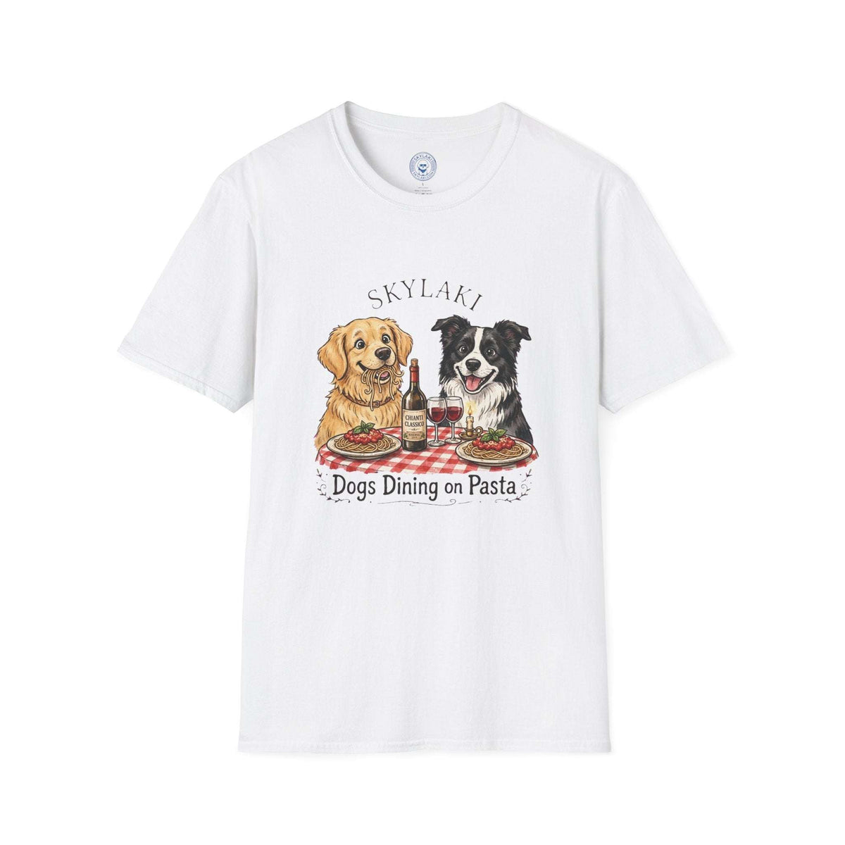 Funny dogs dining on pasta graphic t-shirt by Skylaki