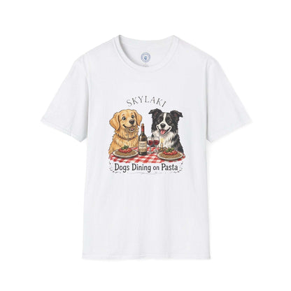 Funny dogs dining on pasta graphic t-shirt by Skylaki