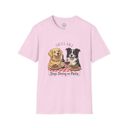 Funny dogs dining on pasta graphic t-shirt by Skylaki