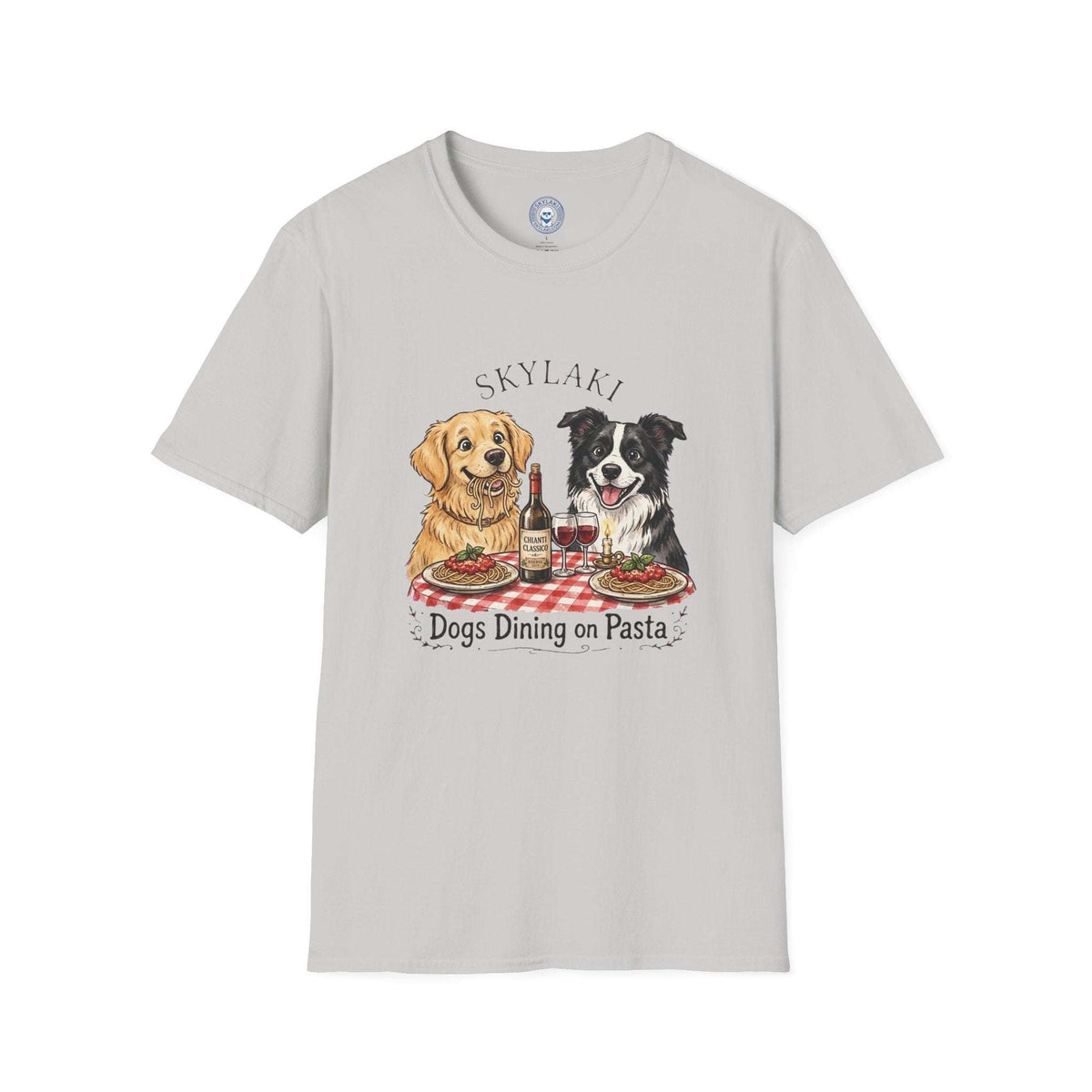 Funny dogs dining on pasta graphic t-shirt by Skylaki