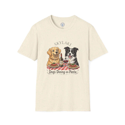 Funny dogs dining on pasta graphic on casual T-shirt