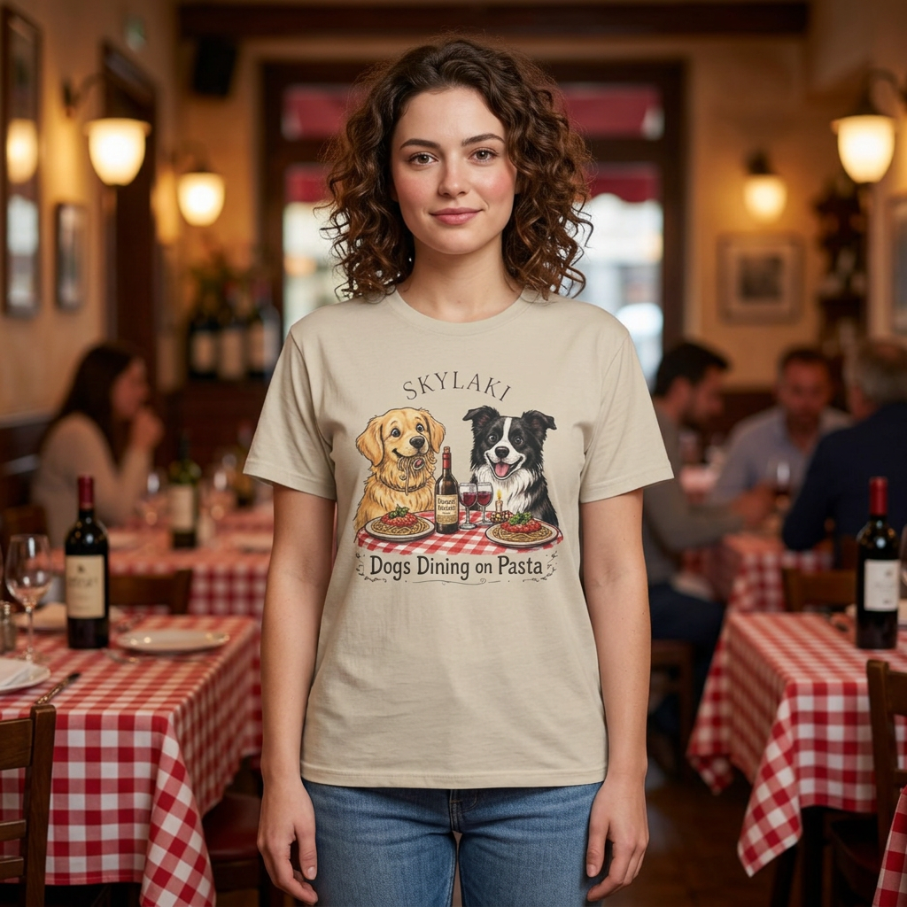 Funny dogs dining on pasta graphic t-shirt by Skylaki